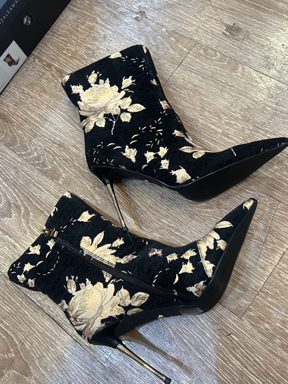 Azalea Wang Black & Gold Floral Stiletto Ankle Boots - Picture 3 of 6